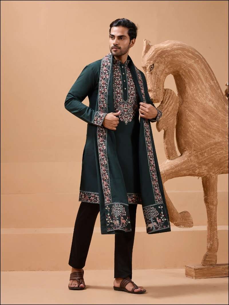 DESIGNER WEDDING PARTY WEAR READYMADE INDIAN MENS GREEN VISCOSE SILK KURTA KF 61512