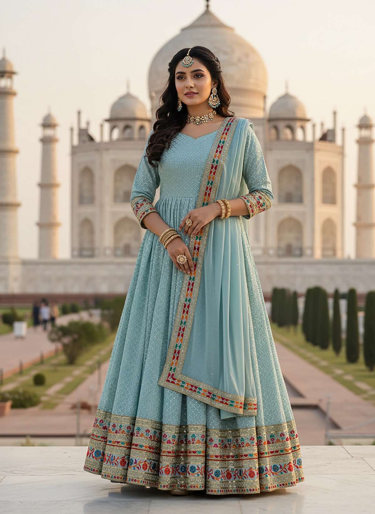 DESIGNER WEDDING PARTY WEAR REAL GEORGETTE ANARKALI SKY BLUE GOWN SALWAR SUIT FABRIC SEQUENCE THREAD WORK KB SERIES 3307 C