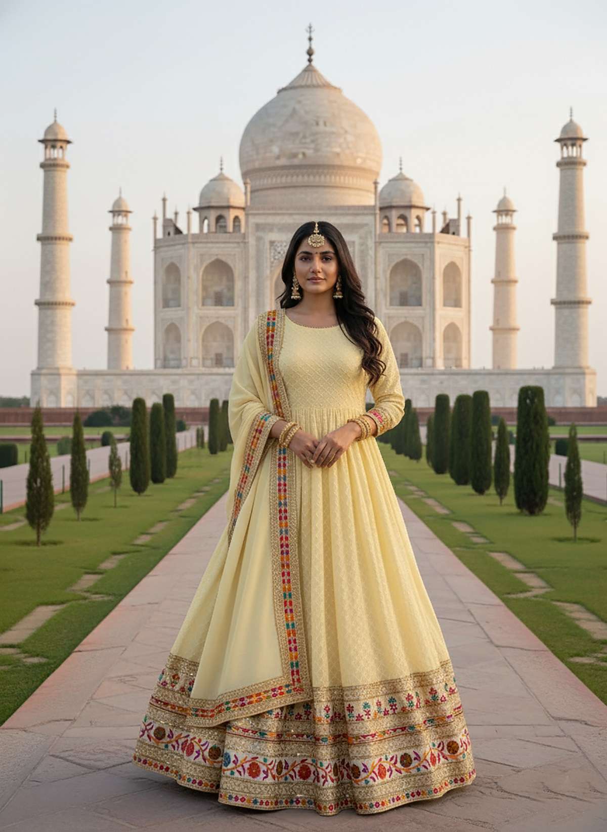 DESIGNER WEDDING PARTY WEAR REAL GEORGETTE LIGHT YELLOW ANARKALI GOWN SALWAR SUIT FABRIC SEQUENCE THREAD WORK KB SERIES 3307 B