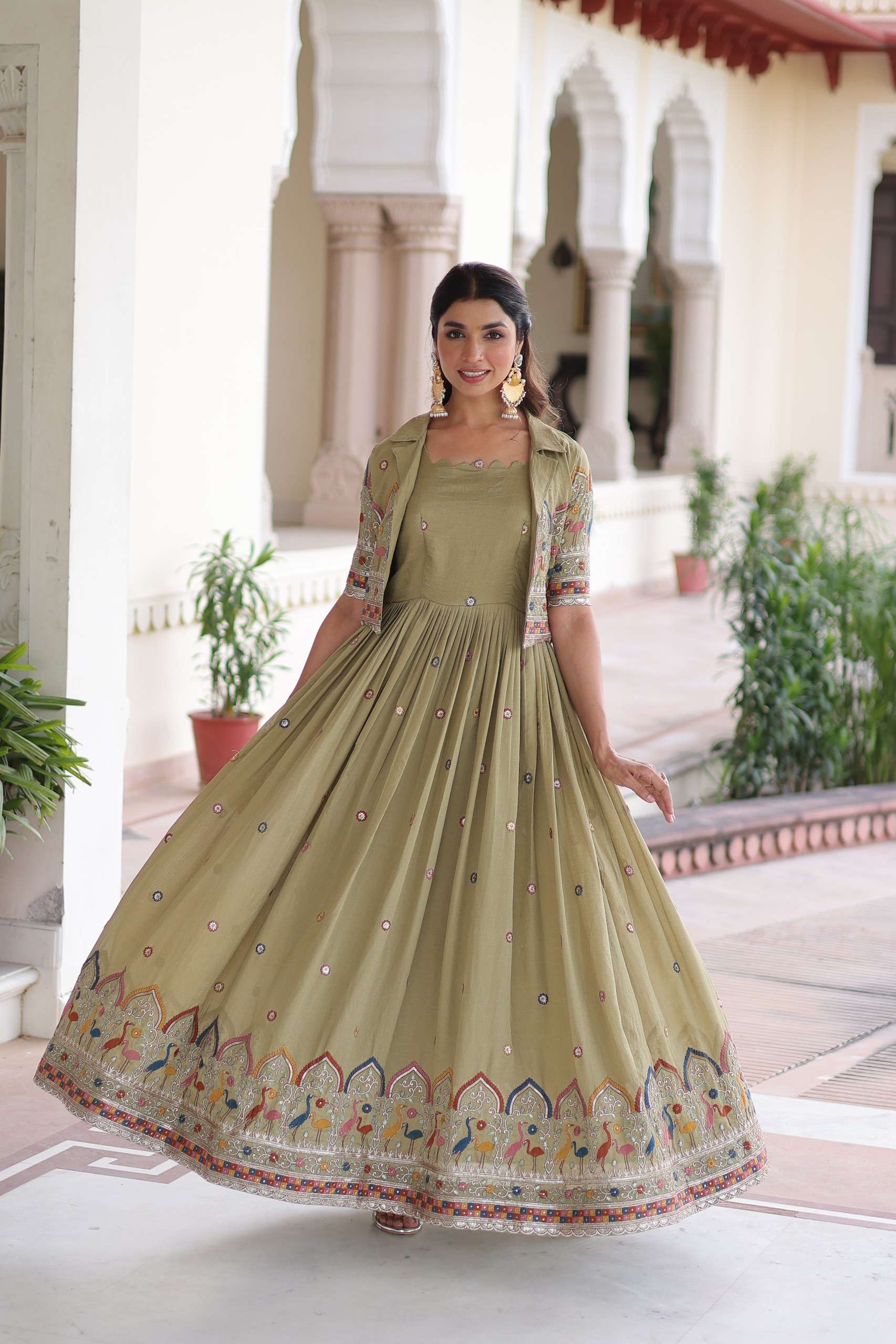 DESIGNER WEDDING PARTY WEAR VICHITRA SILK GREEN KOTI LONG GOWN ANARKALI SALWAR SUIT LW 9303 A