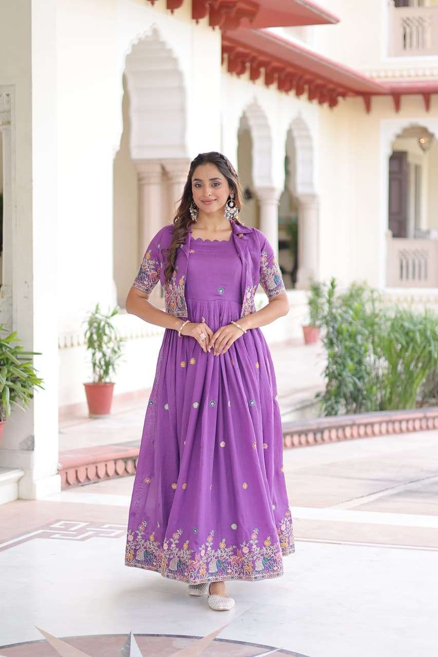 DESIGNER WEDDING PARTY WEAR VICHITRA SILK PURPLE KOTI LONG GOWN ANARKALI SALWAR SUIT LW 9303 B