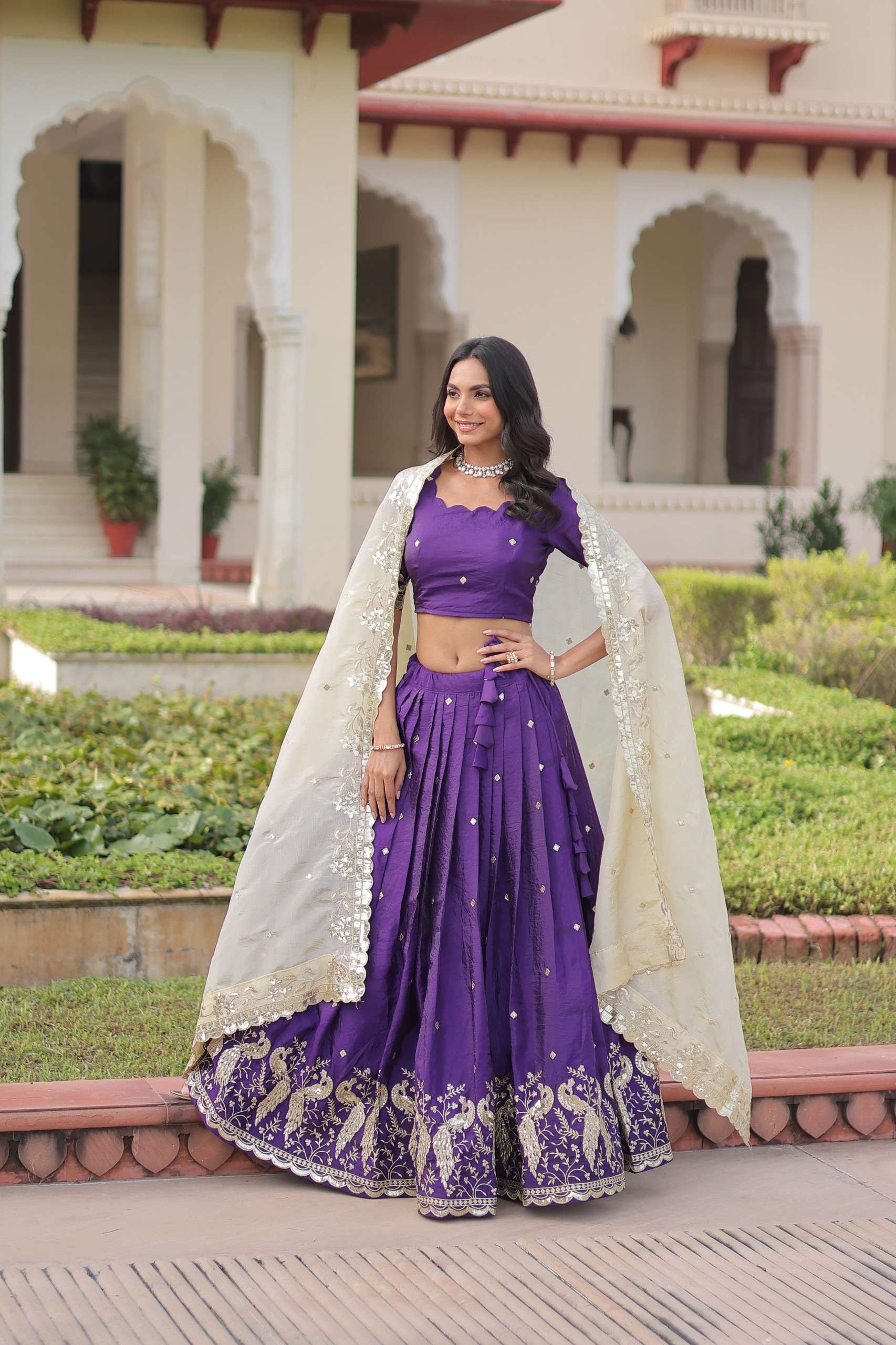 INDIAN DESIGNER BOLLYWOOD WEDDING PARTY WEAR GOLD CRUSH SILK PURPLE LEHENGA CHOLI LW 7150 A