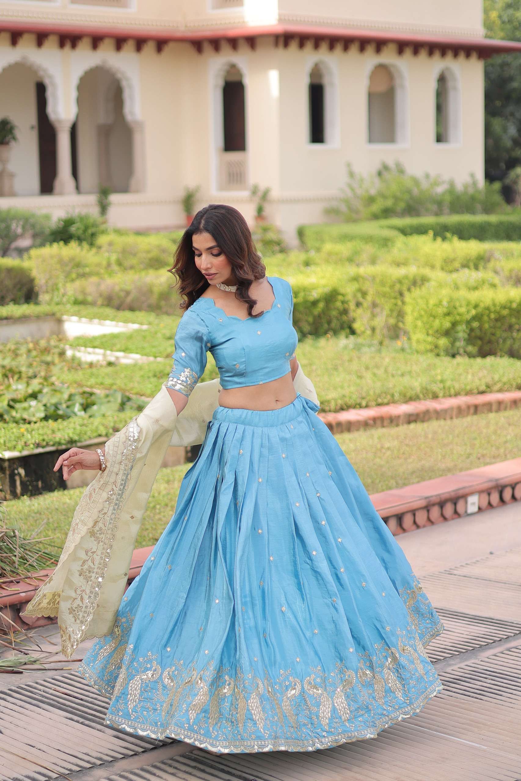 INDIAN DESIGNER BOLLYWOOD WEDDING PARTY WEAR GOLD CRUSH SILK SKY BLUE LEHENGA CHOLI LW 7150 B
