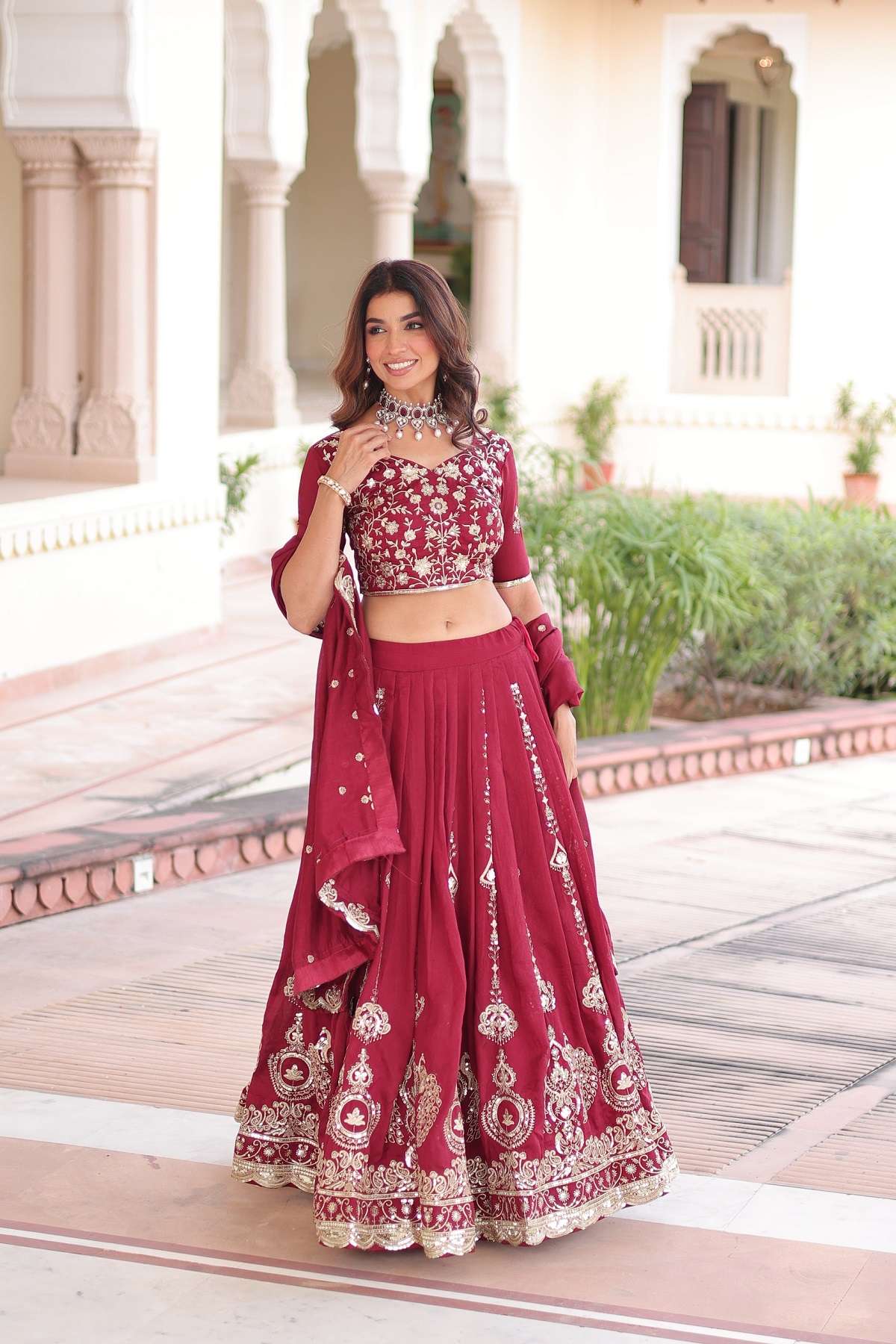 INDIAN DESIGNER BOLLYWOOD WEDDING PARTY WEAR MAROON VICHITRA SILK LEHENGA CHOLI KU 5052