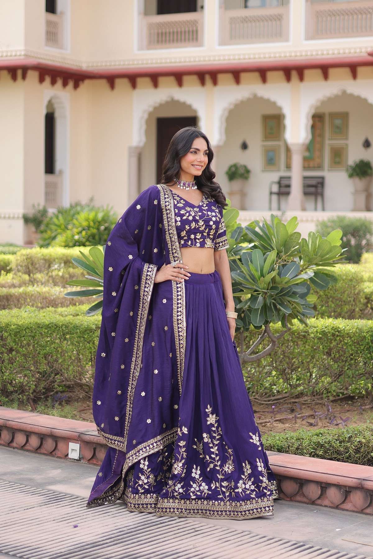 INDIAN DESIGNER BOLLYWOOD WEDDING PARTY WEAR PURPLE VICHITRA SILK LEHENGA CHOLI LW 7156 A