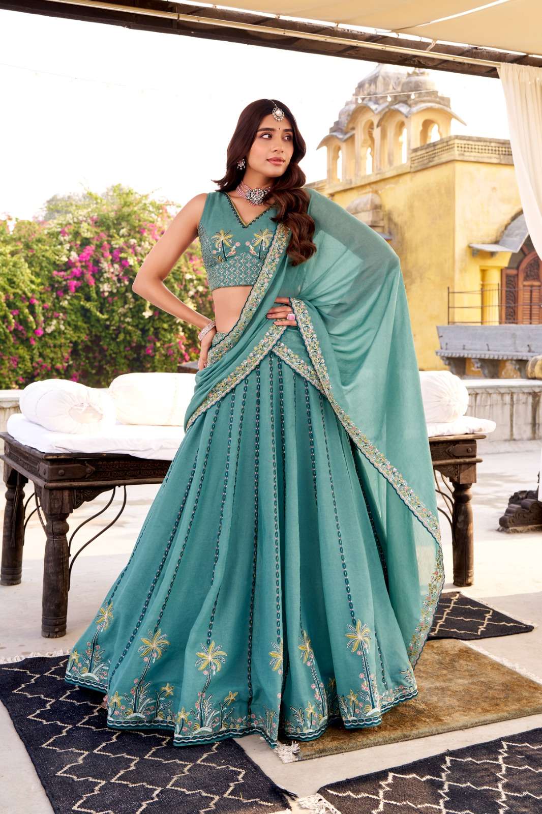 INDIAN DESIGNER BOLLYWOOD WEDDING PARTY WEAR SKY BLUE CRUSH SILK LEHENGA CHOLI LNB 1475 D