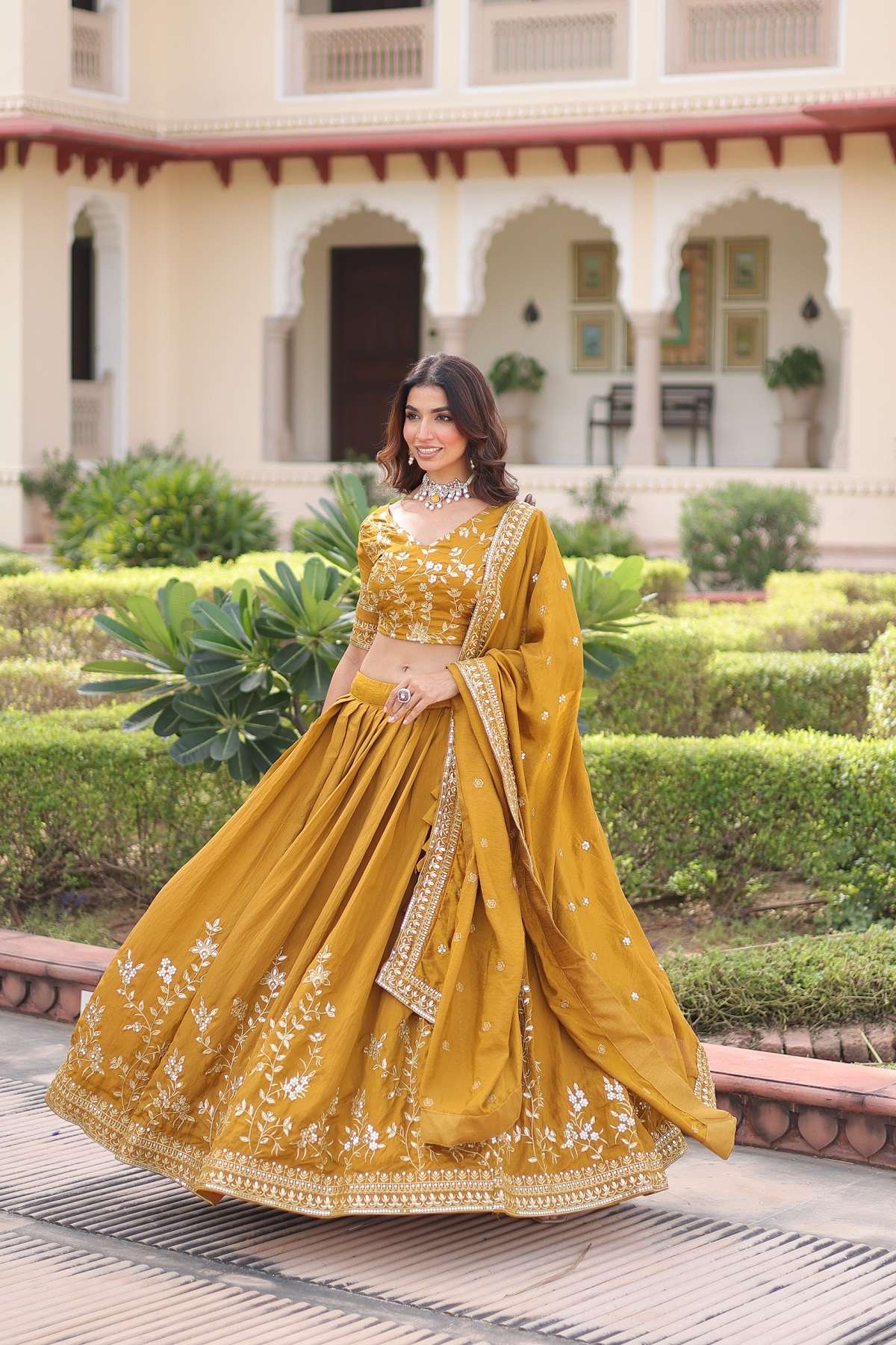 INDIAN DESIGNER BOLLYWOOD WEDDING PARTY WEAR YELLOW VICHITRA SILK LEHENGA CHOLI LW 7156 B