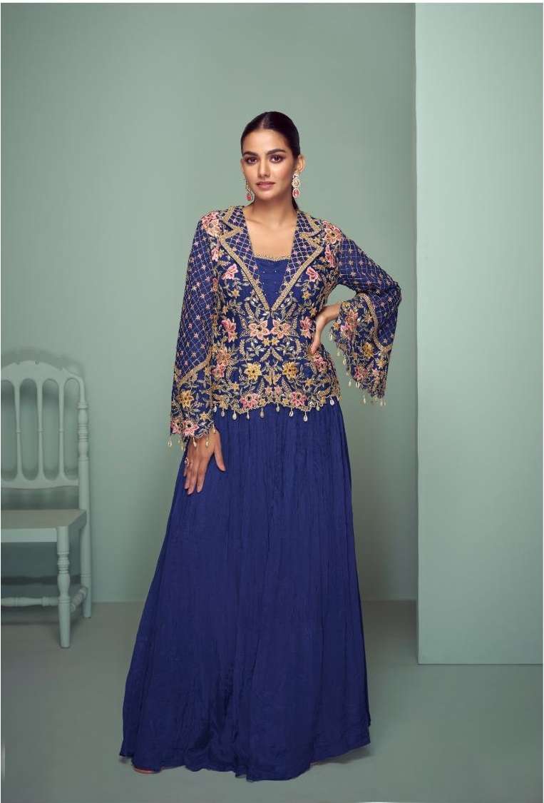 INDIAN DESIGNER FANCY WEDDING PARTY WEAR CHINON BLUE PALLAZO SHARARA SALWAR SUIT GL CROWN 7508 F
