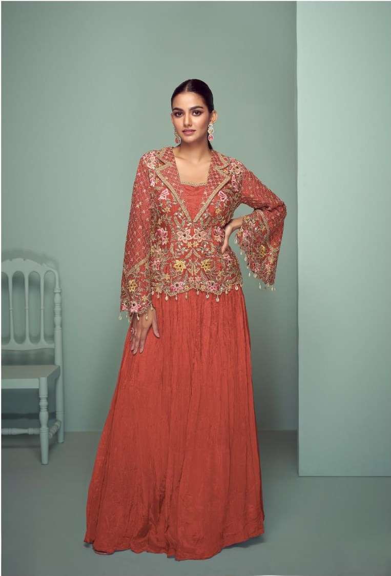 INDIAN DESIGNER FANCY WEDDING PARTY WEAR CHINON ORANGE PALLAZO SHARARA SALWAR SUIT GL CROWN 7508 G