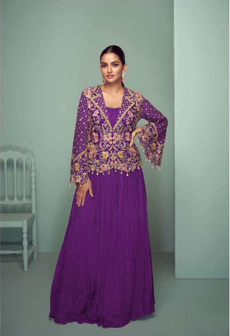 INDIAN DESIGNER FANCY WEDDING PARTY WEAR CHINON PURPLE PALLAZO SHARARA SALWAR SUIT GL CROWN 7508 I