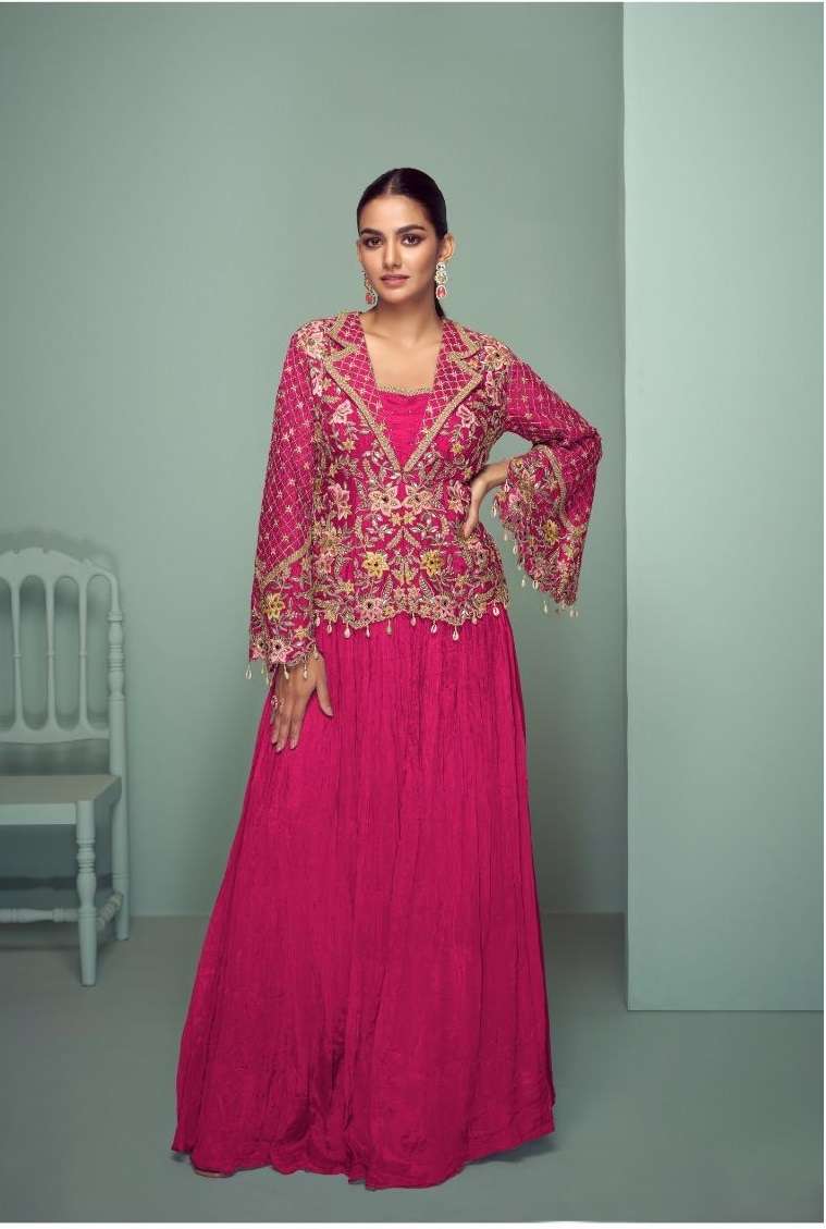 INDIAN DESIGNER FANCY WEDDING PARTY WEAR CHINON RANI PINK PALLAZO SHARARA SALWAR SUIT GL CROWN 7508 E