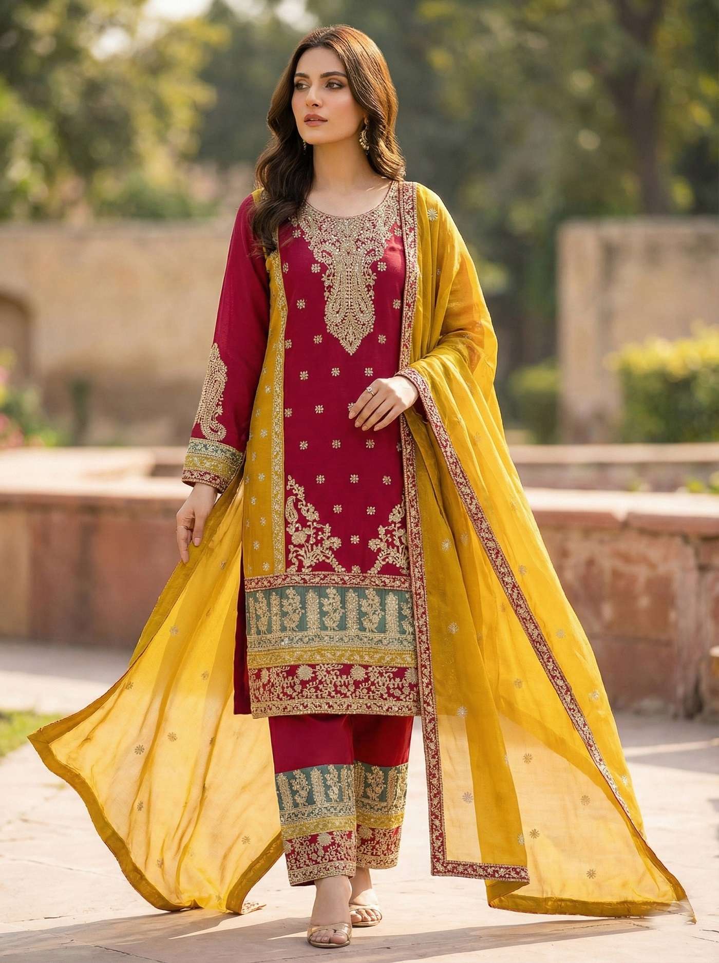 INDIAN DESIGNER FANCY WEDDING PARTY WEAR CHINON SILK MAROON YELLOW PALLAZO SHARARA SALWAR SUIT SRH KB 3306 A