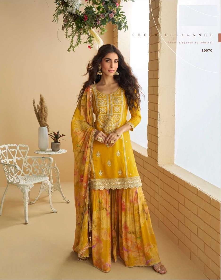 INDIAN DESIGNER FANCY WEDDING PARTY WEAR CHINON SILK YELLOW PALLAZO SHARARA SALWAR SUIT SY GULABO 10070