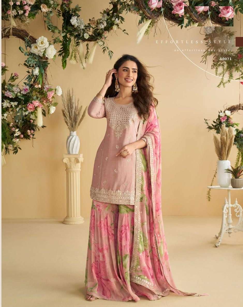 INDIAN DESIGNER FANCY WEDDING PARTY WEAR CHINON SILK PINK PALLAZO SHARARA SALWAR SUIT SY GULABO 10071