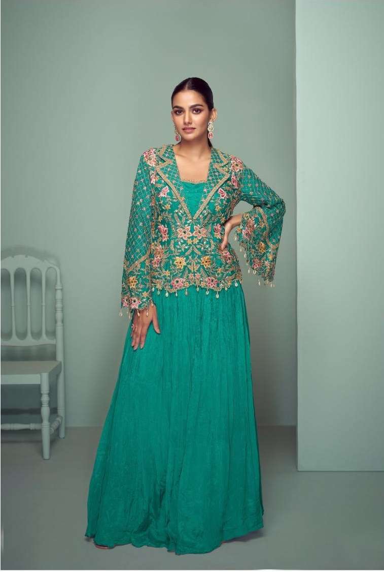 INDIAN DESIGNER FANCY WEDDING PARTY WEAR CHINON TEAL BLUE PALLAZO SHARARA SALWAR SUIT GL CROWN 7508 J