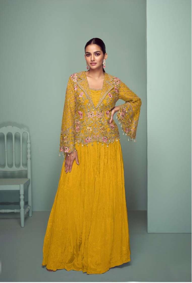 INDIAN DESIGNER FANCY WEDDING PARTY WEAR CHINON YELLOW PALLAZO SHARARA SALWAR SUIT GL CROWN 7508 H