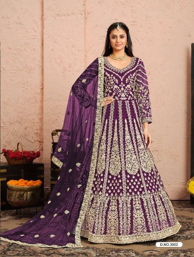 INDIAN DESIGNER PARTY WEAR PURPLE ANARKALI SALWAR SUIT LONG GOWN IN HEAVY NET ANY 3002