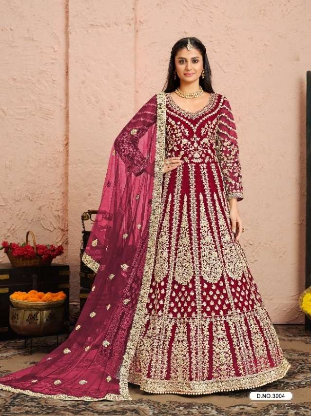 INDIAN DESIGNER PARTY WEAR RED ANARKALI SALWAR SUIT LONG GOWN IN HEAVY NET ANY 3004