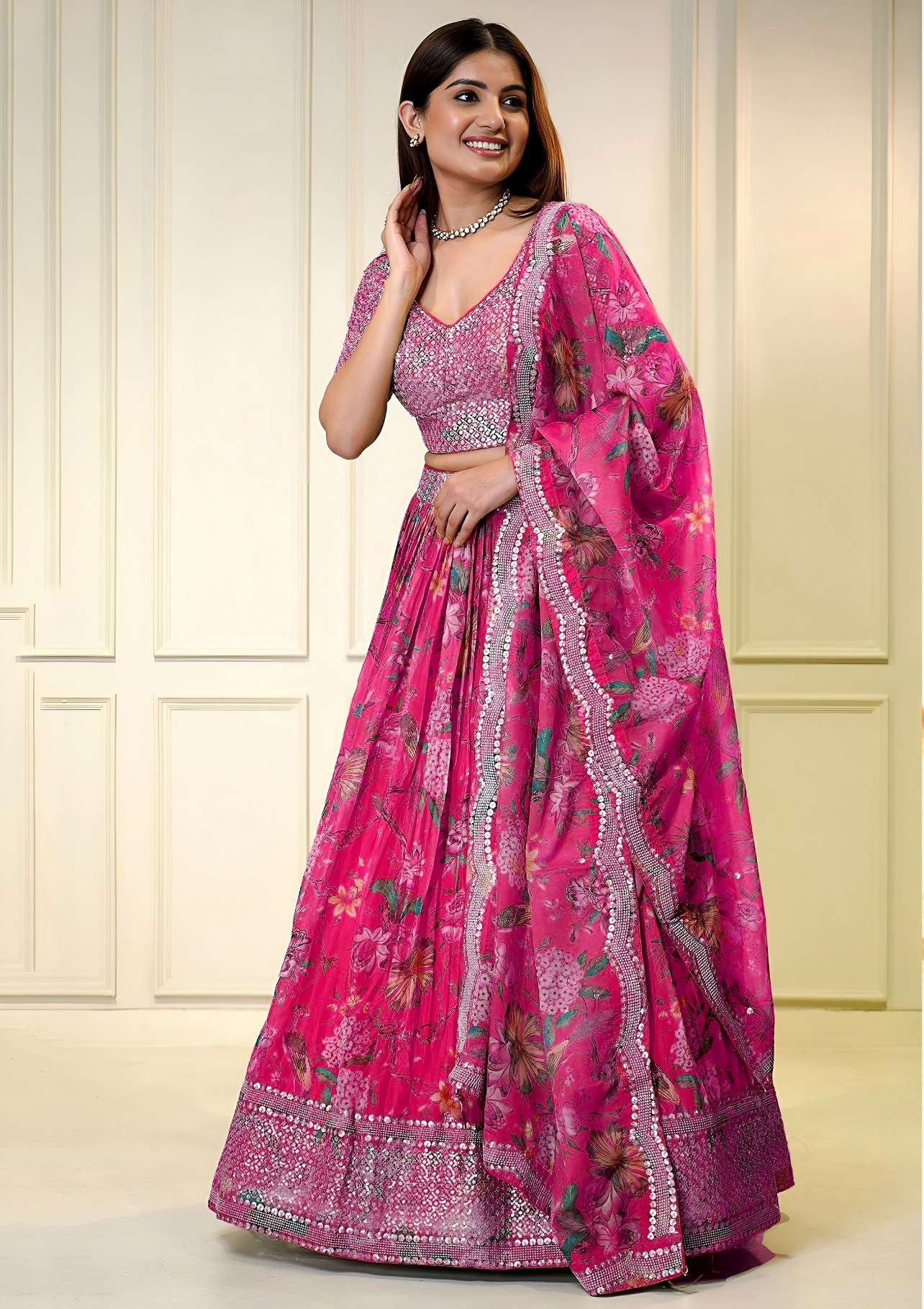 DESIGNER BOLLYWOOD BRIDAL WEDDING PARTY WEAR ORGANZA SILK PRINTED PINK LEHENGA CHOLI SENHORA DRESSES ZC 7066 DD
