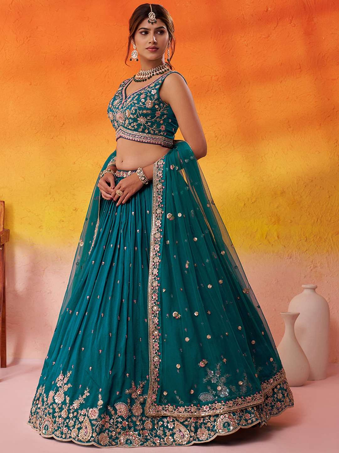 DESIGNER BOLLYWOOD BRIDAL WEDDING PARTY WEAR REAL GEORGETTE TEAL BLUE LEHENGA CHOLI SENHORA DRESSES NT NT 6236 A