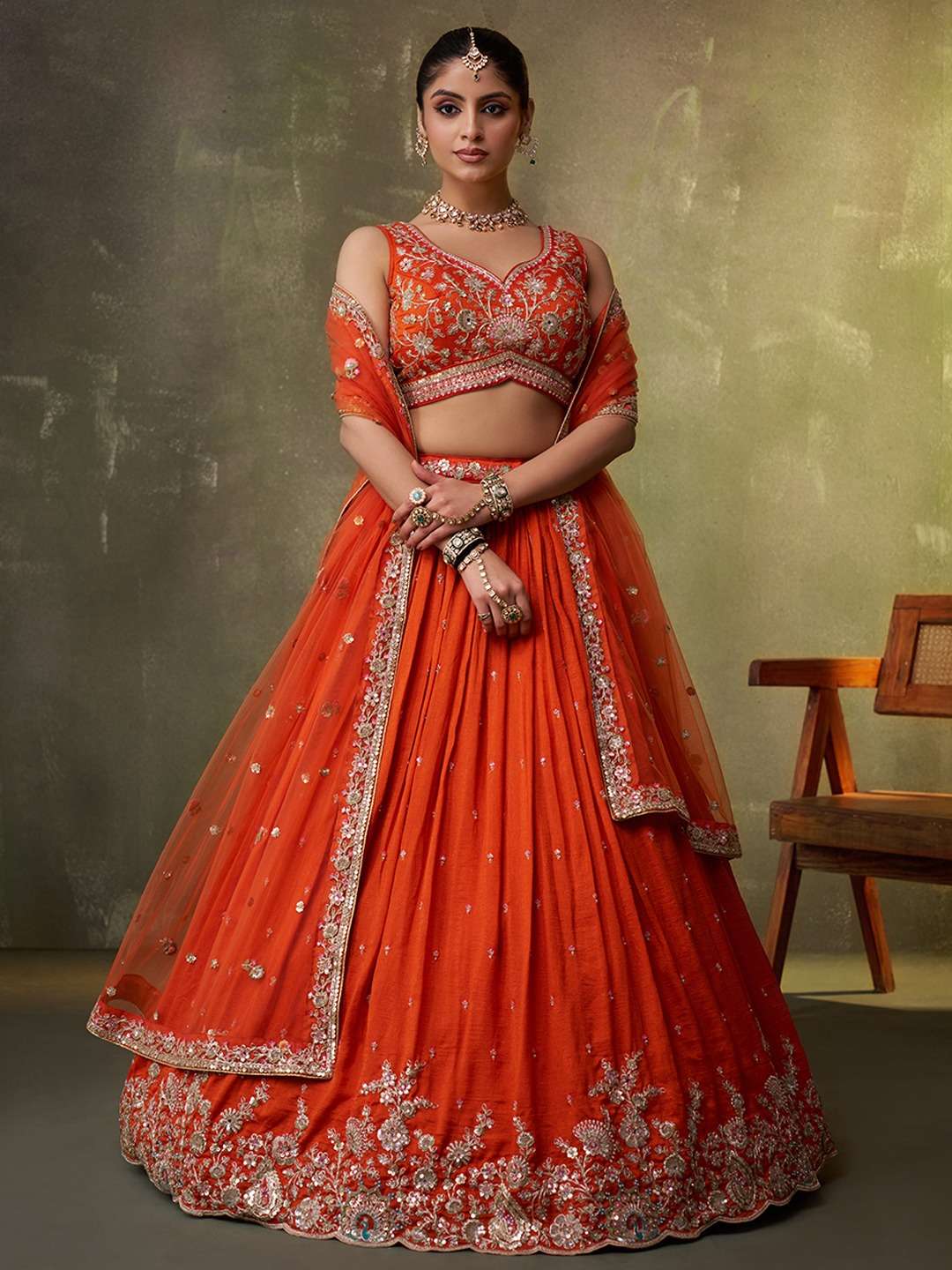 DESIGNER BOLLYWOOD BRIDAL WEDDING PARTY WEAR REAL GEORGETTE ORANGE LEHENGA CHOLI SENHORA DRESSES NT NT 6236 C