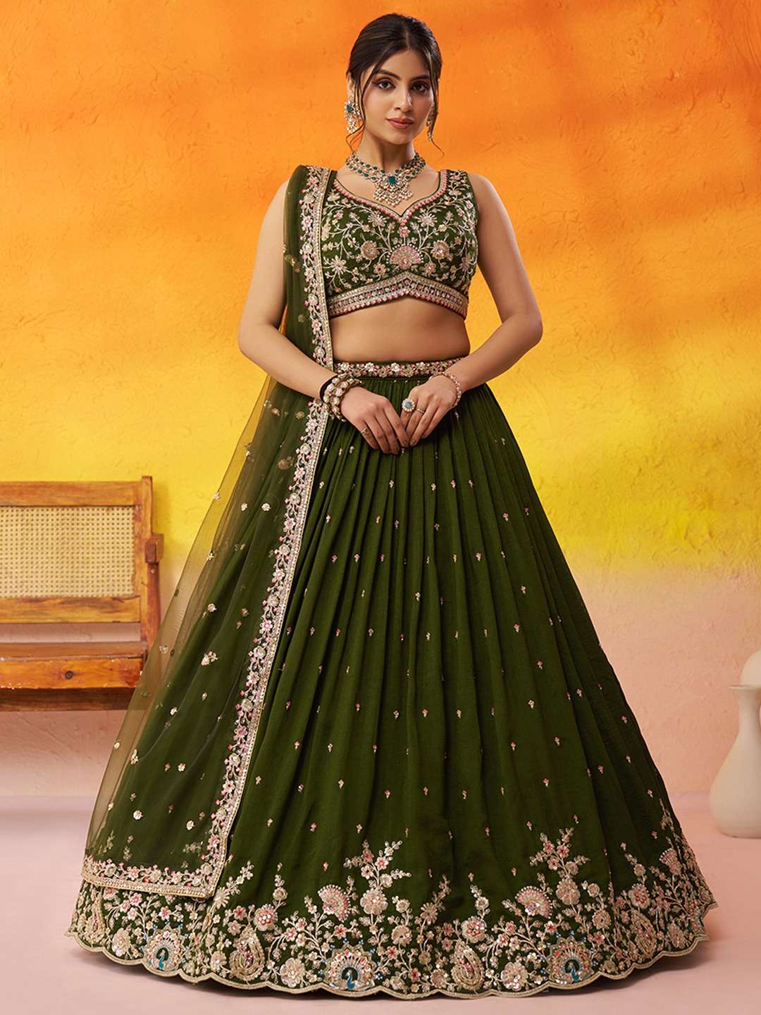 DESIGNER BOLLYWOOD BRIDAL WEDDING PARTY WEAR REAL GEORGETTE GREEN LEHENGA CHOLI SENHORA DRESSES NT NT 6236 D