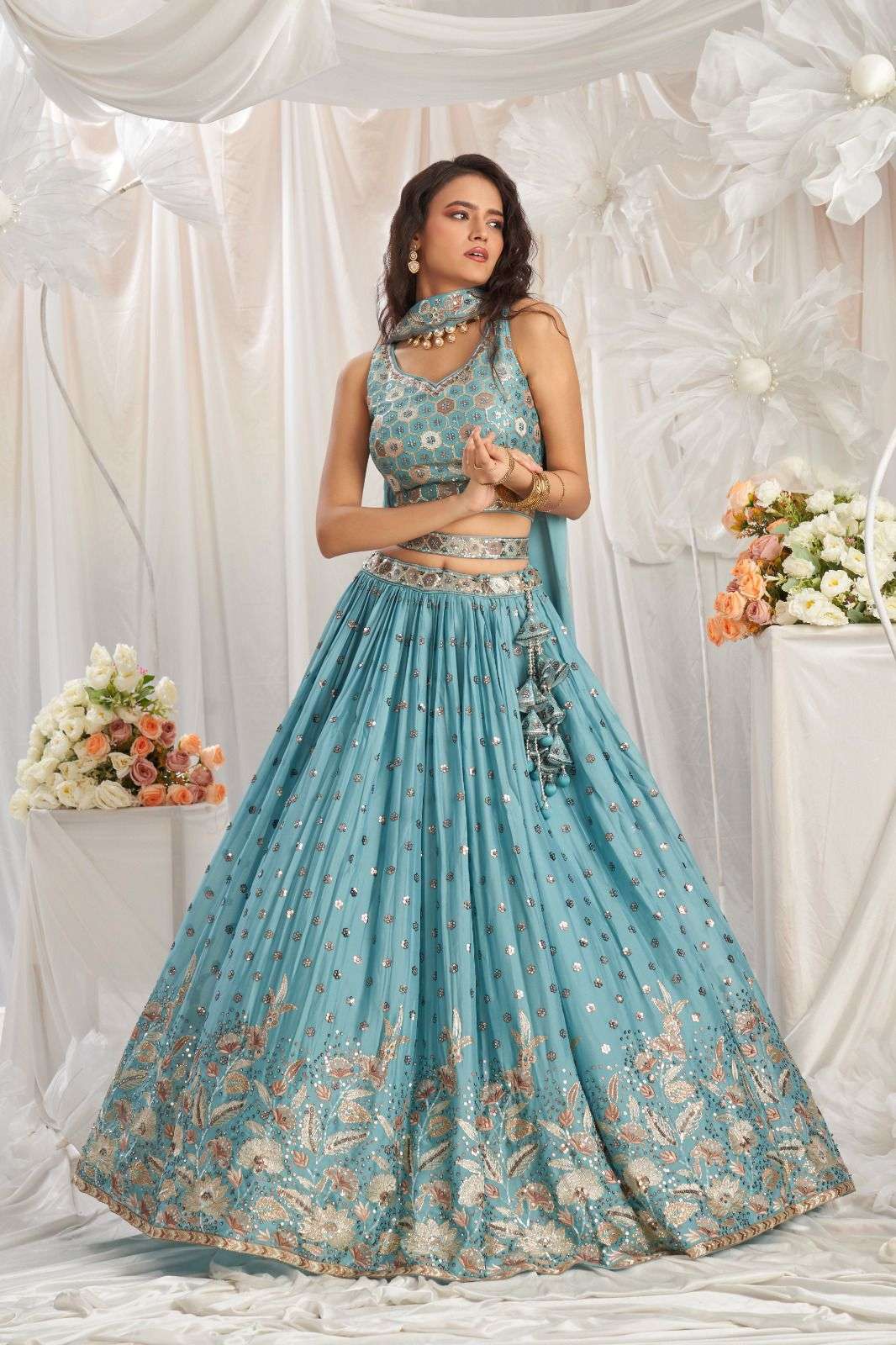 DESIGNER BOLLYWOOD BRIDAL WEDDING PARTY WEAR REAL GEORGETTE SKY BLUE LEHENGA CHOLI SENHORA DRESSES NT NT 6083 B