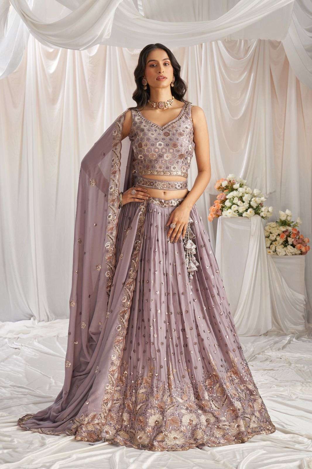 DESIGNER BOLLYWOOD BRIDAL WEDDING PARTY WEAR REAL GEORGETTE PURPLE LEHENGA CHOLI SENHORA DRESSES NT NT 6083 D