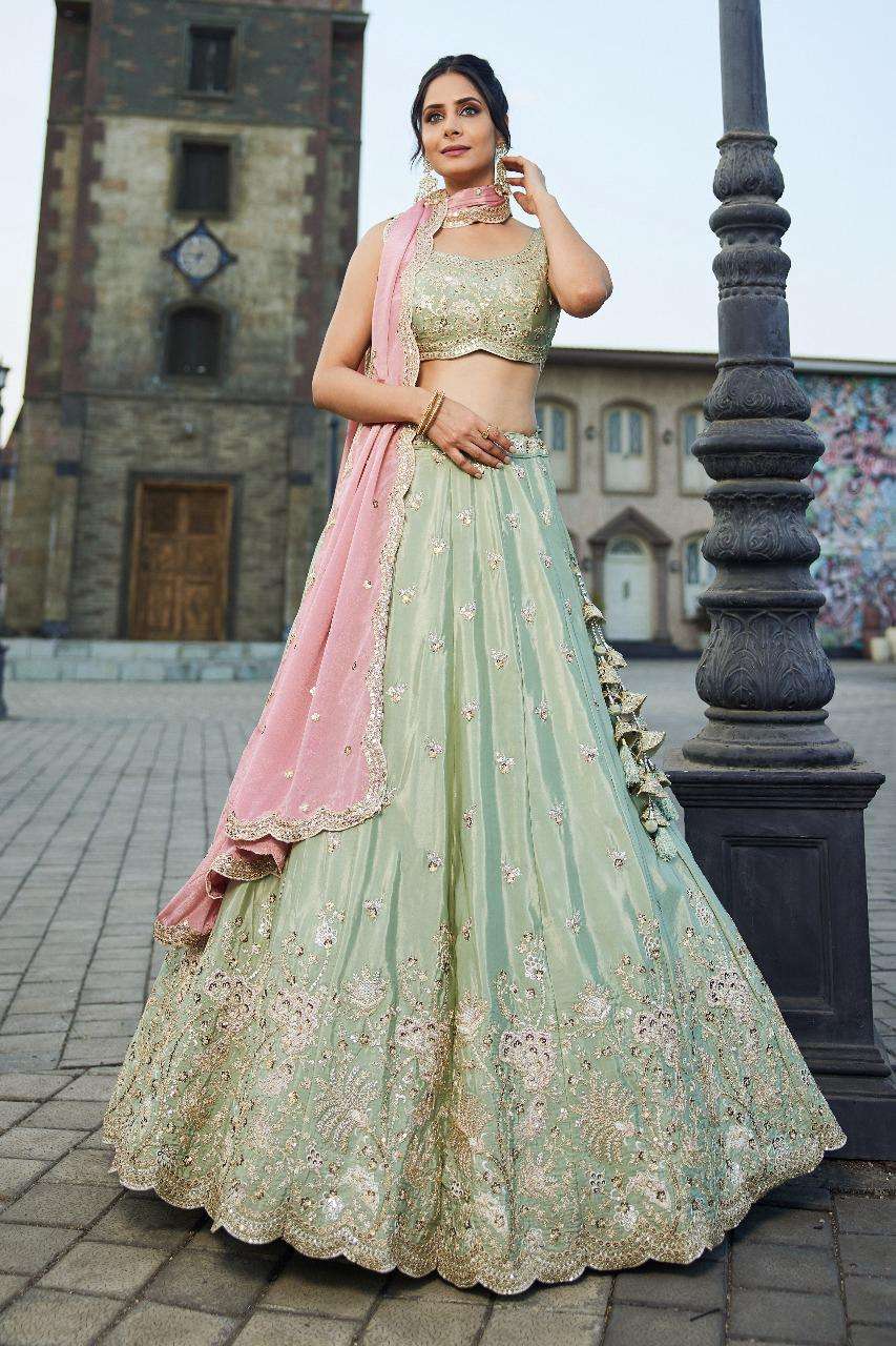 DESIGNER BRIDAL WEDDING PARTY WEAR SATIN SILK PISTA GREEN LEHENGA CHOLI WITH CHIFFON DUPATTA NT 6135 A