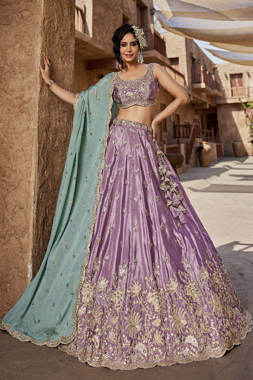 DESIGNER BRIDAL WEDDING PARTY WEAR SATIN SILK PURPLE LEHENGA CHOLI WITH CHIFFON DUPATTA NT 6135 B