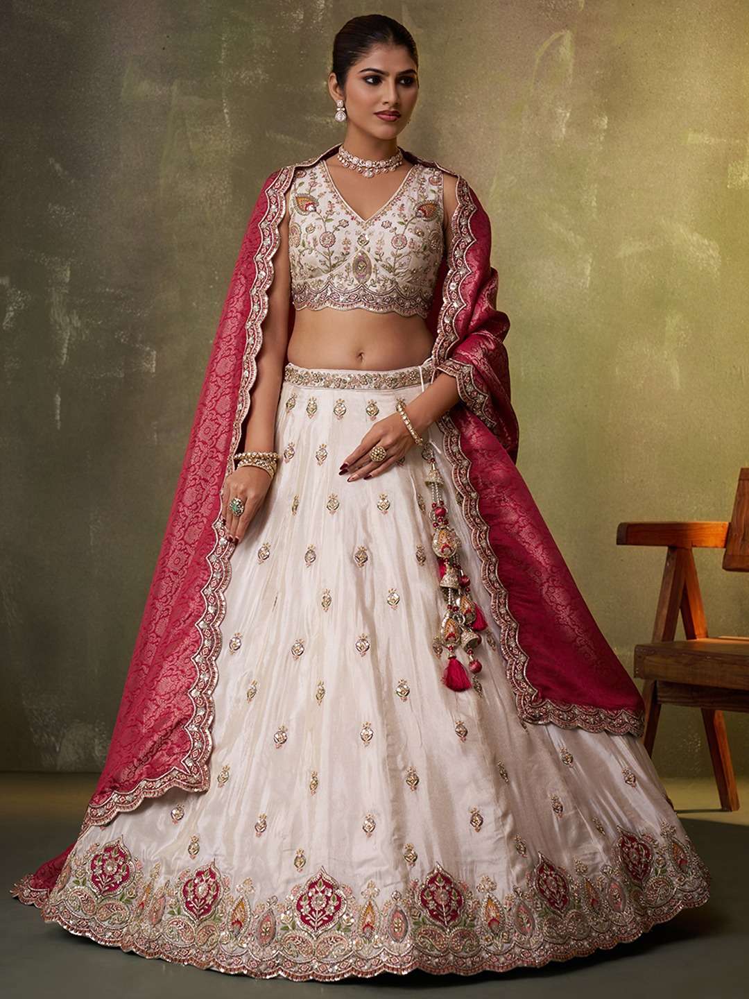 DESIGNER BRIDAL WEDDING PARTY WEAR TISSUE SILK WHITE LEHENGA CHOLI WITH PINK SILK DUPATTA SENHORA DRESSES NT NT 6228 B