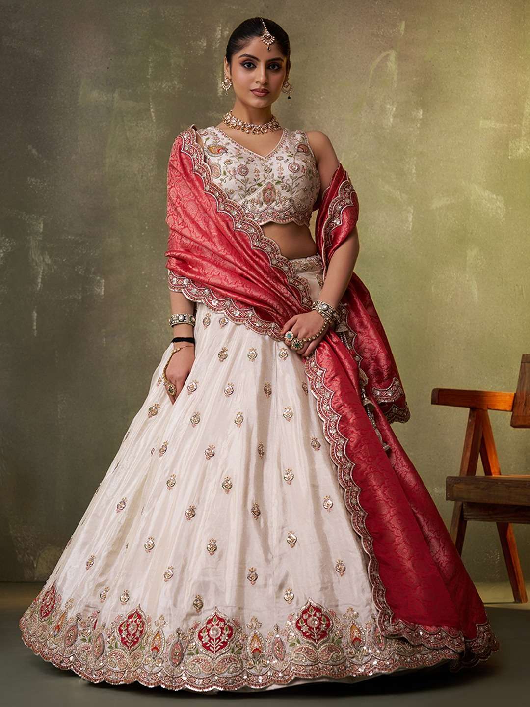 DESIGNER BRIDAL WEDDING PARTY WEAR TISSUE SILK WHITE LEHENGA CHOLI WITH RED SILK DUPATTA SENHORA DRESSES NT NT 6228 C