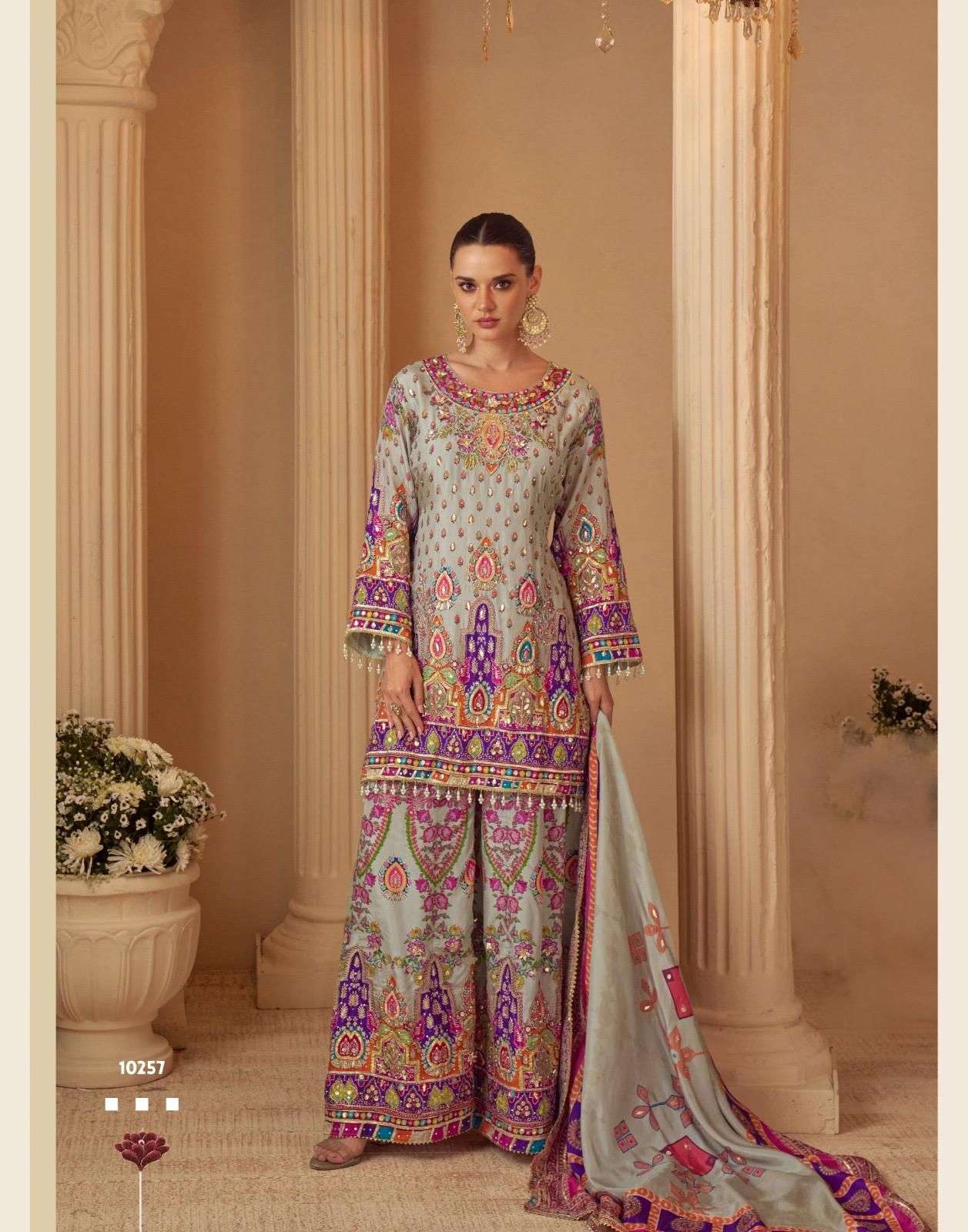 DESIGNER FANCY PARTY WEAR CREPE SILK READY MADE BEIGE SHARARA SALWAR SUIT PALAZZO SY SARTHI 10257