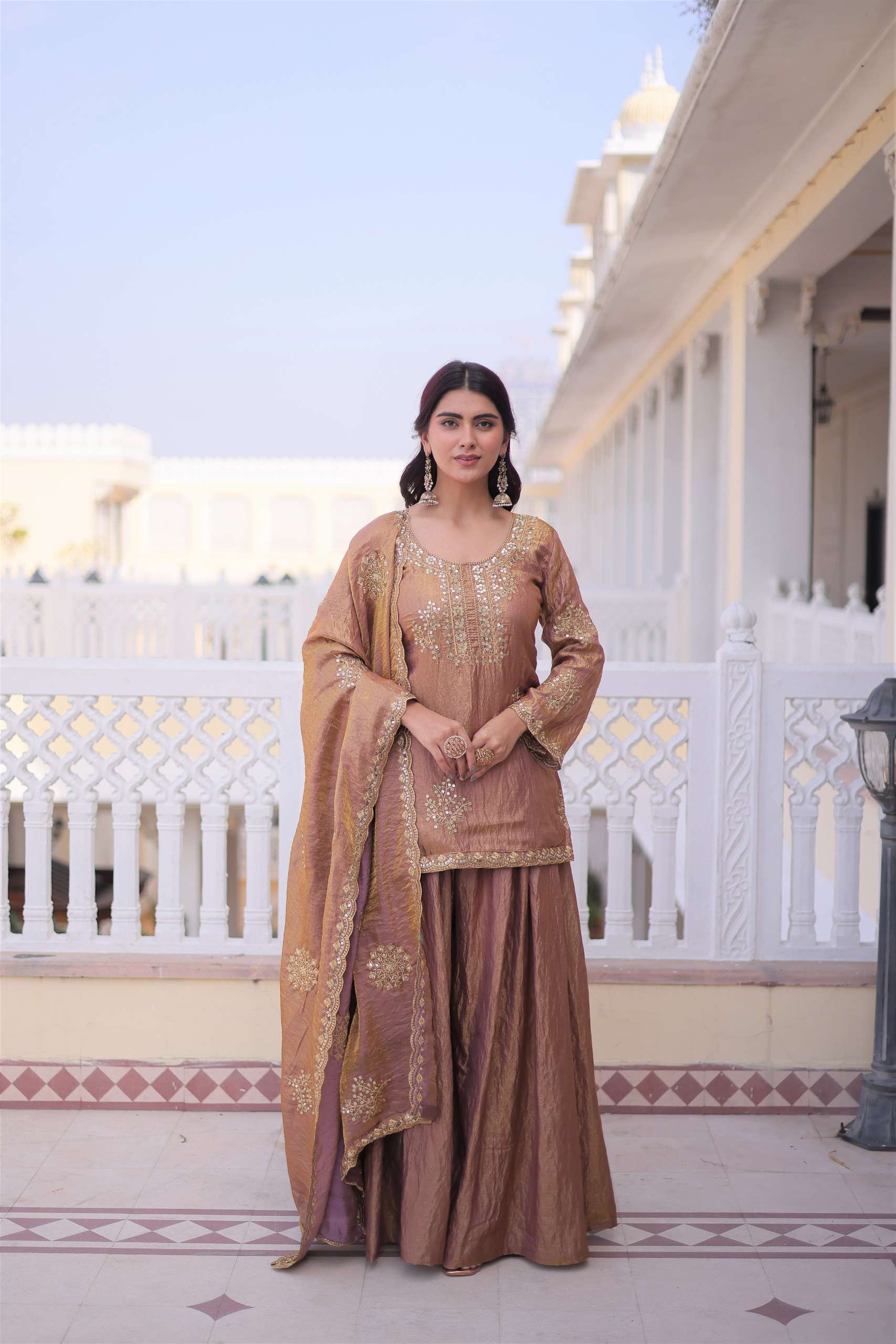 DESIGNER FANCY PARTY WEAR FENDY SILK READYMADE BROWN SHARARA SALWAR SUIT PALAZZO KU 1229 A