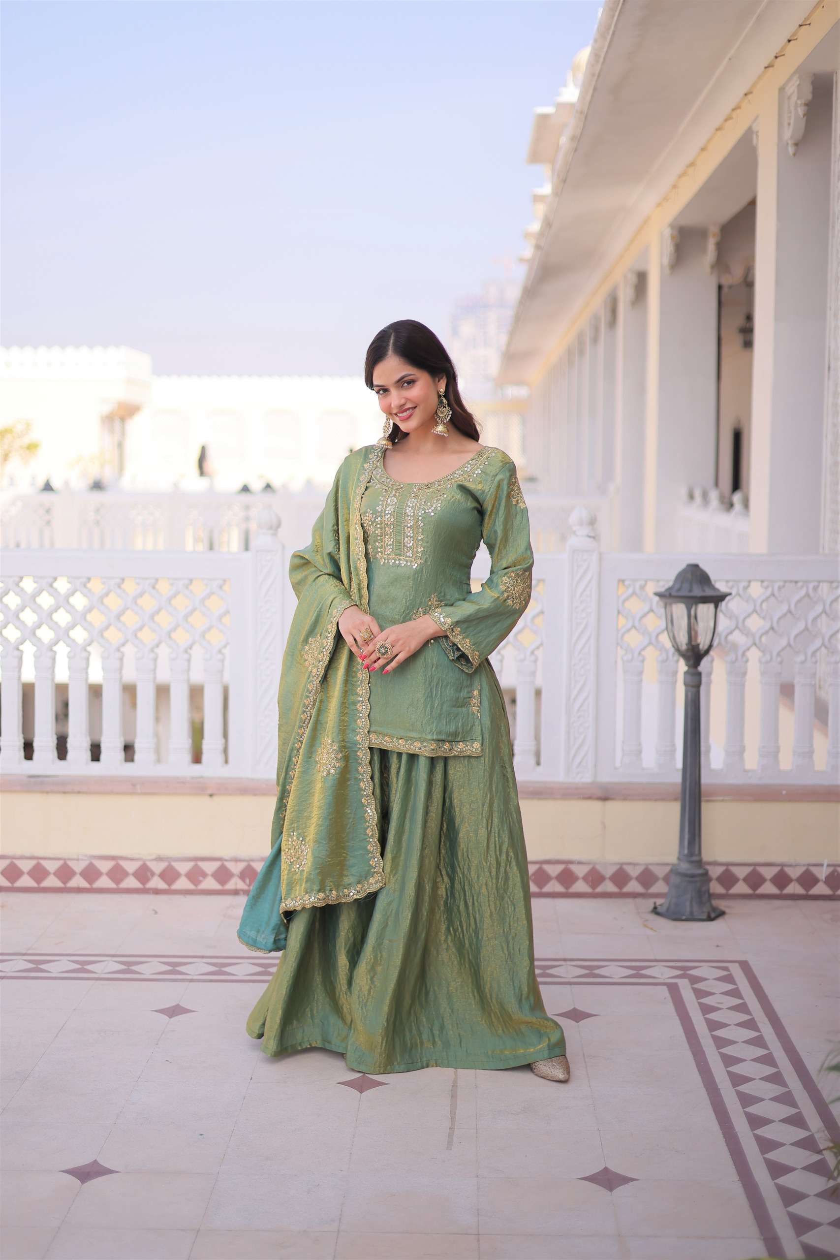 DESIGNER FANCY PARTY WEAR FENDY SILK READYMADE GREEN SHARARA SALWAR SUIT PALAZZO KU 1229 B