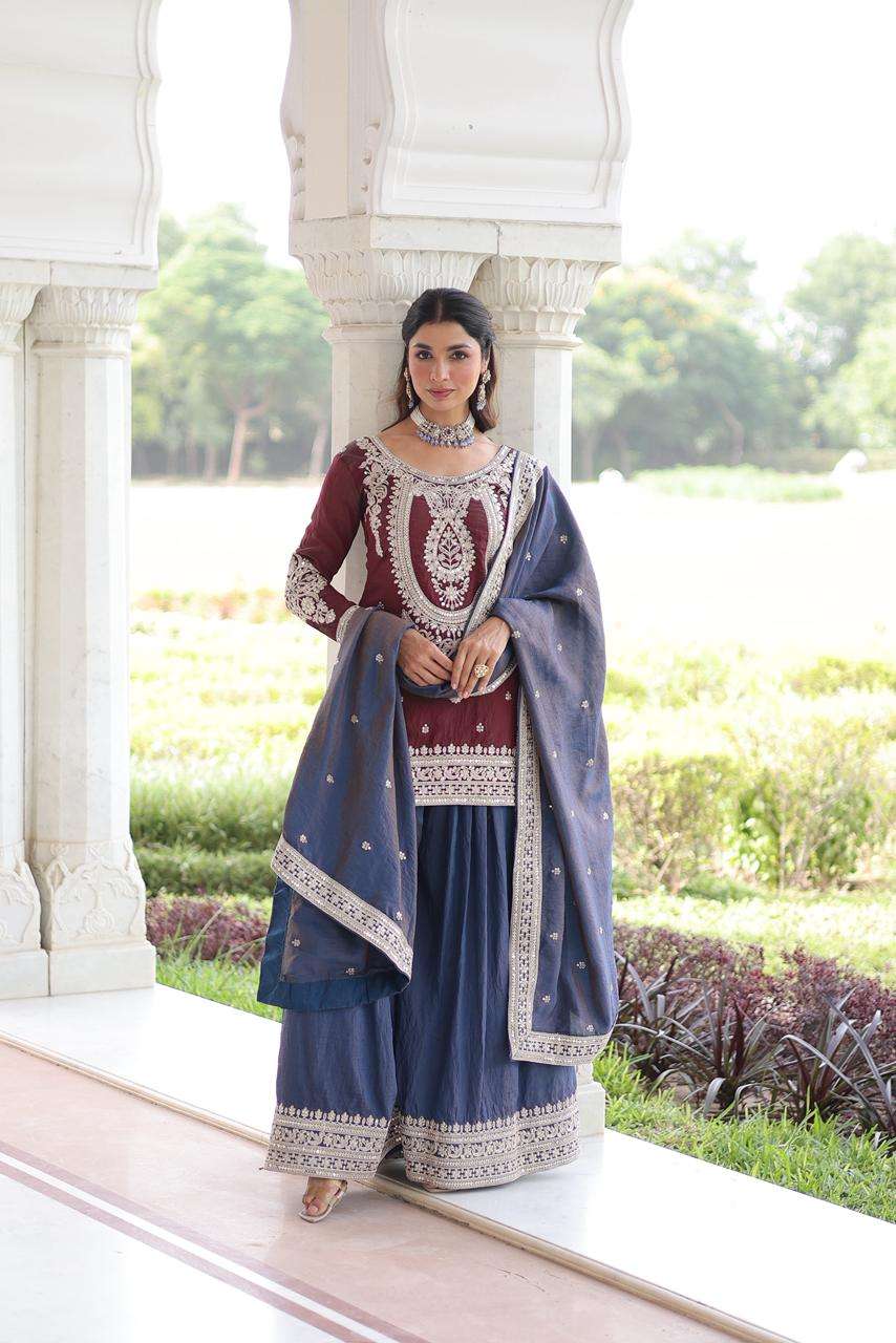 DESIGNER FANCY PARTY WEAR NC SILK READYMADE MAROON BLUE SHARARA SALWAR SUIT PALAZZO LW 9302 A