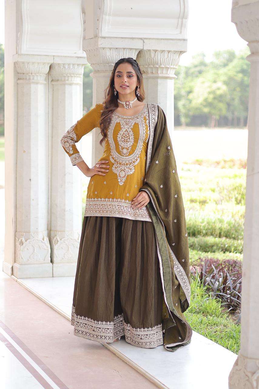 DESIGNER FANCY PARTY WEAR NC SILK READYMADE YELLOW GREEN SHARARA SALWAR SUIT PALAZZO LW 9302 B