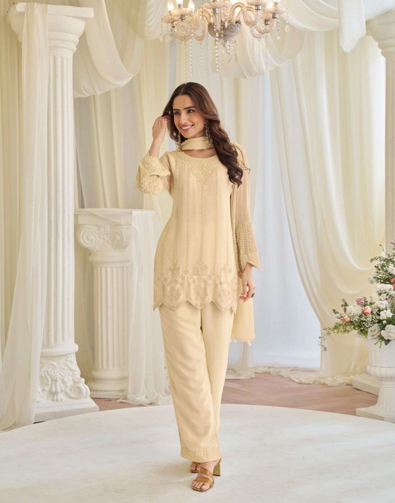 DESIGNER FANCY PARTY WEAR PREMIUM CHINON READYMADE BEADS MOTI WORK OFF WHITE SALWAR SUIT SY KAJAL 10236