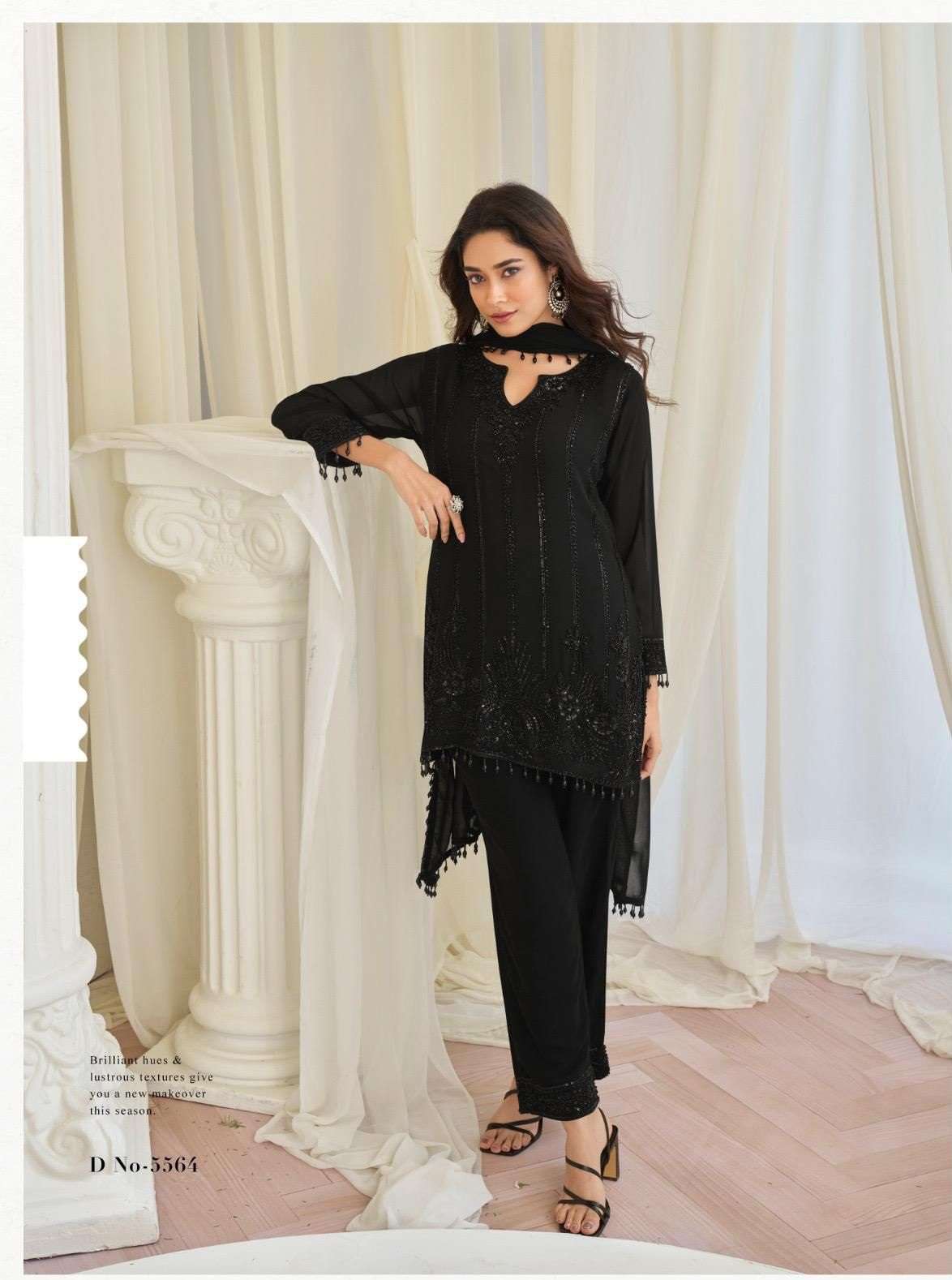 DESIGNER FANCY PARTY WEAR PREMIUM CHINON READYMADE BEADS MOTI WORK BLACK SALWAR SUIT SY KAJAL 10237
