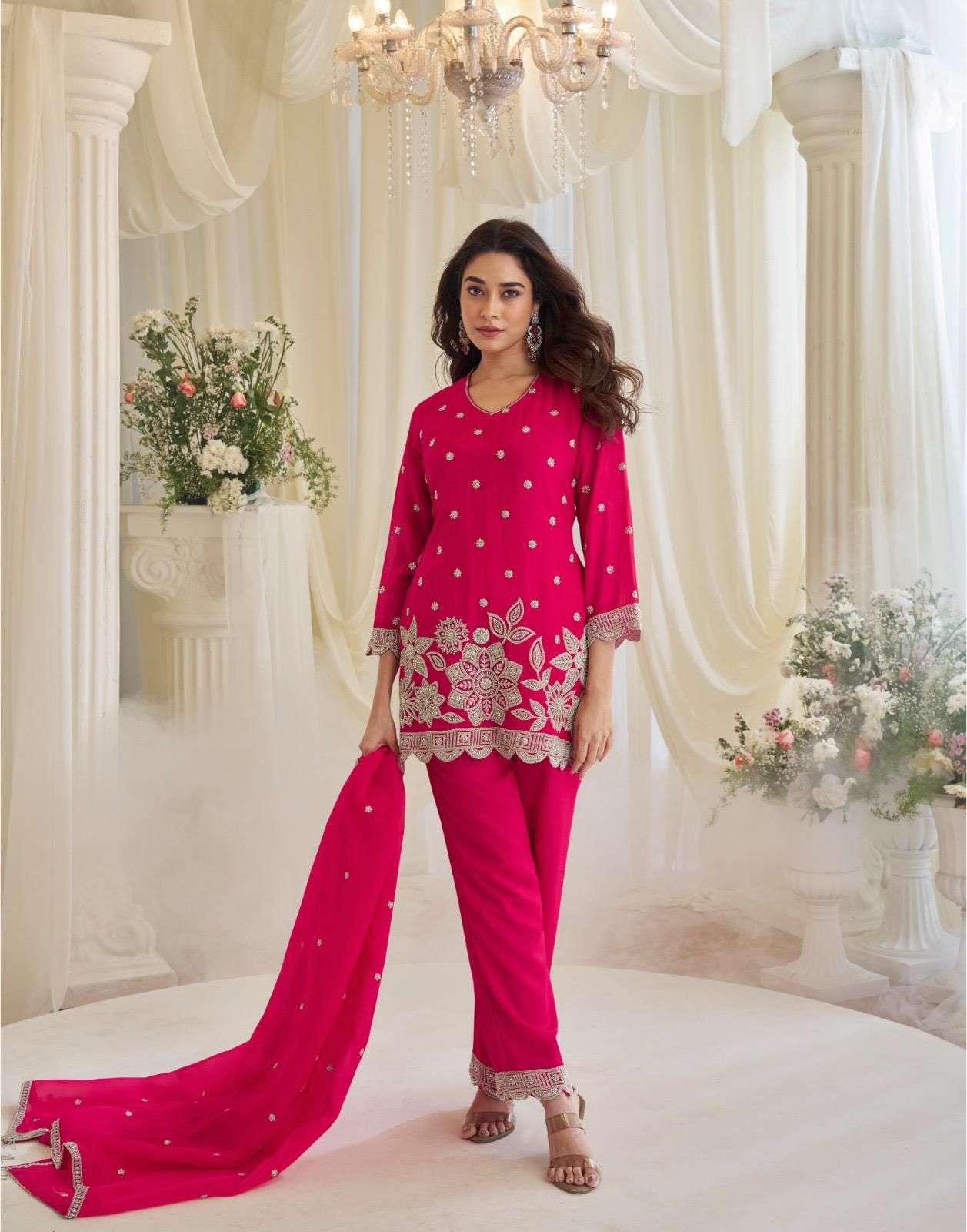 DESIGNER FANCY PARTY WEAR PREMIUM CHINON READYMADE BEADS MOTI WORK RANI PINK SALWAR SUIT SY KAJAL 10274