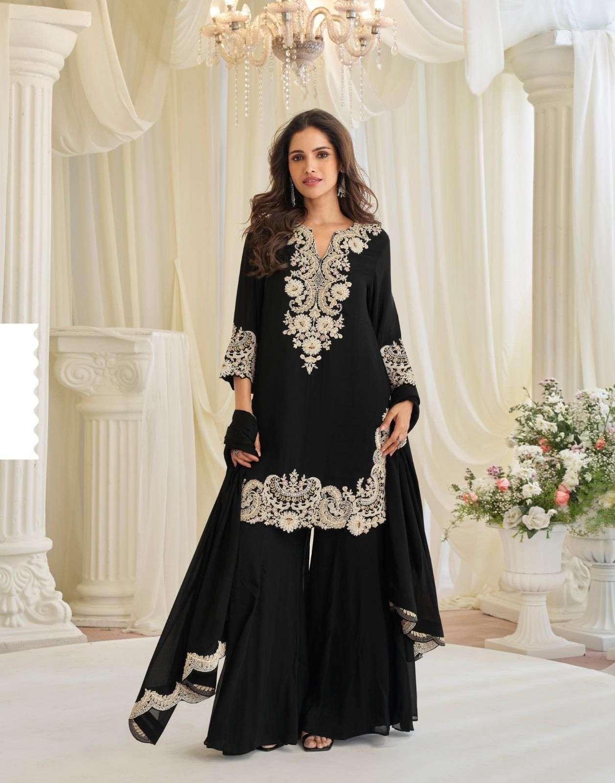 DESIGNER FANCY PARTY WEAR PREMIUM CHINON READYMADE BEADS MOTI WORK BLACK SALWAR SUIT SY KAJAL 10275