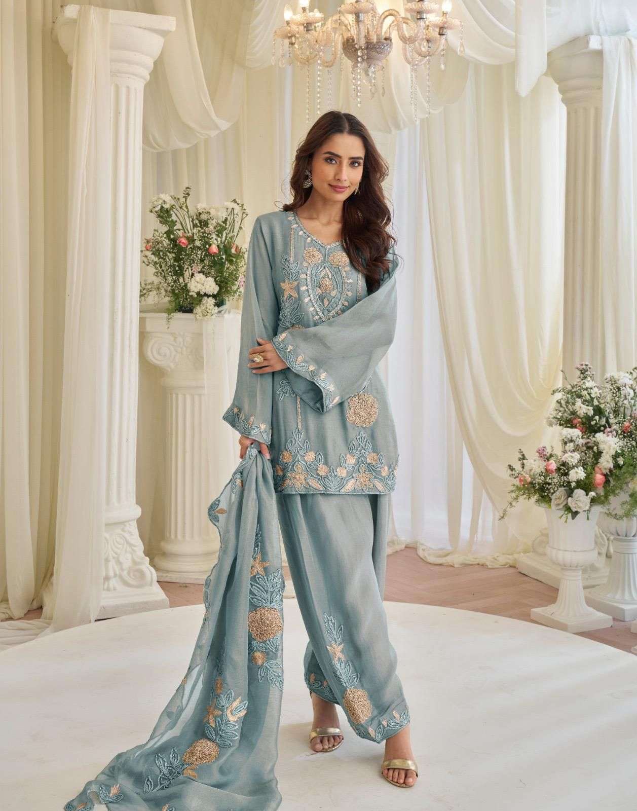 DESIGNER FANCY PARTY WEAR PREMIUM CHINON READYMADE BEADS MOTI WORK SKY BLUE SALWAR SUIT SY KAJAL 10276