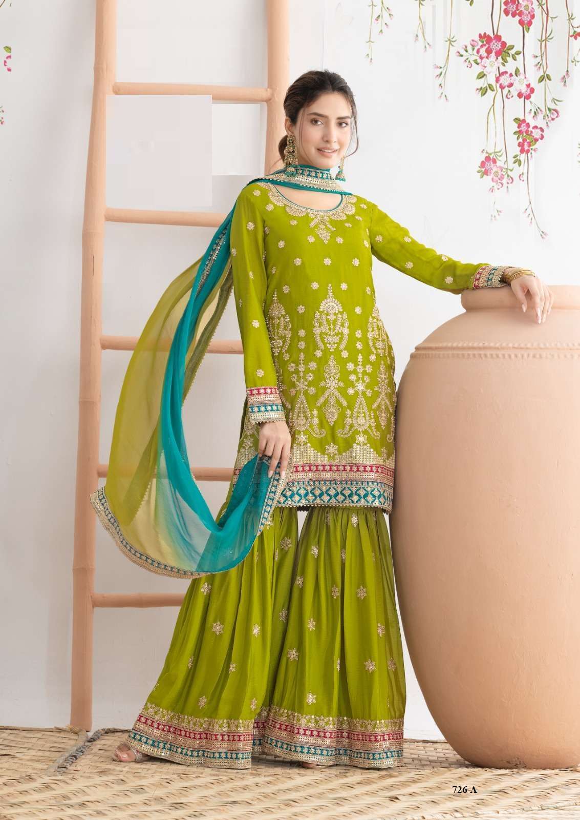 DESIGNER FANCY PARTY WEAR PREMIUM CHINON SILK GREEN SHARARA SALWAR SUIT PALAZZO HT 726 A