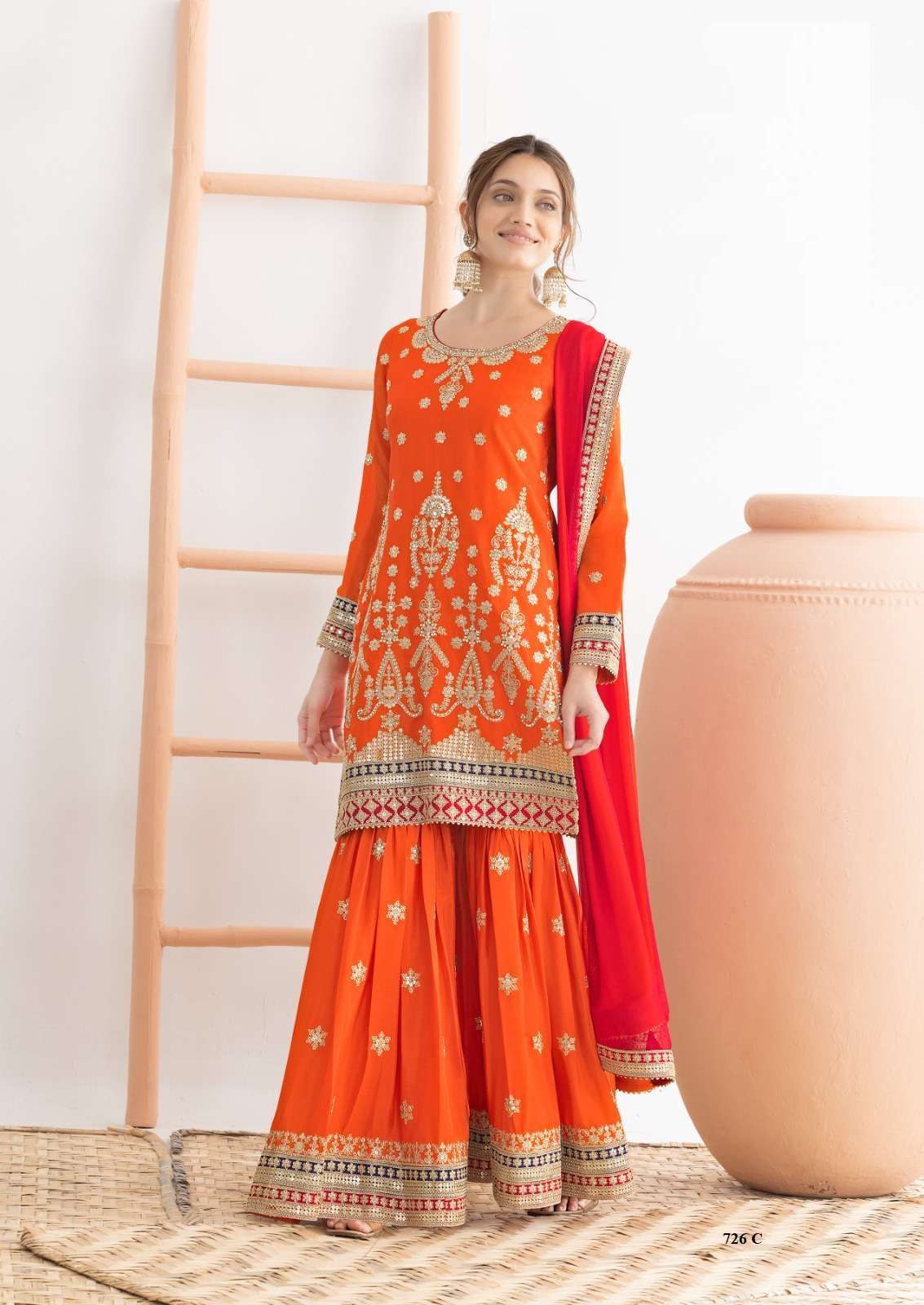 DESIGNER FANCY PARTY WEAR PREMIUM CHINON SILK ORANGE SHARARA SALWAR SUIT PALAZZO HT 726 C