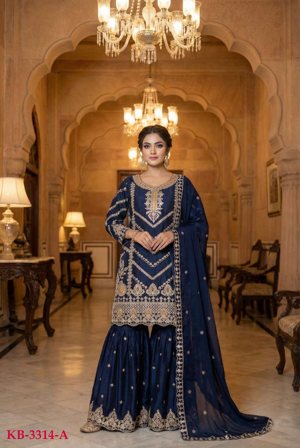DESIGNER FANCY PARTY WEAR PREMIUM CHINON SILK READYMADE BLUE SHARARA SALWAR SUIT PALAZZO KB SERIES 3314 A