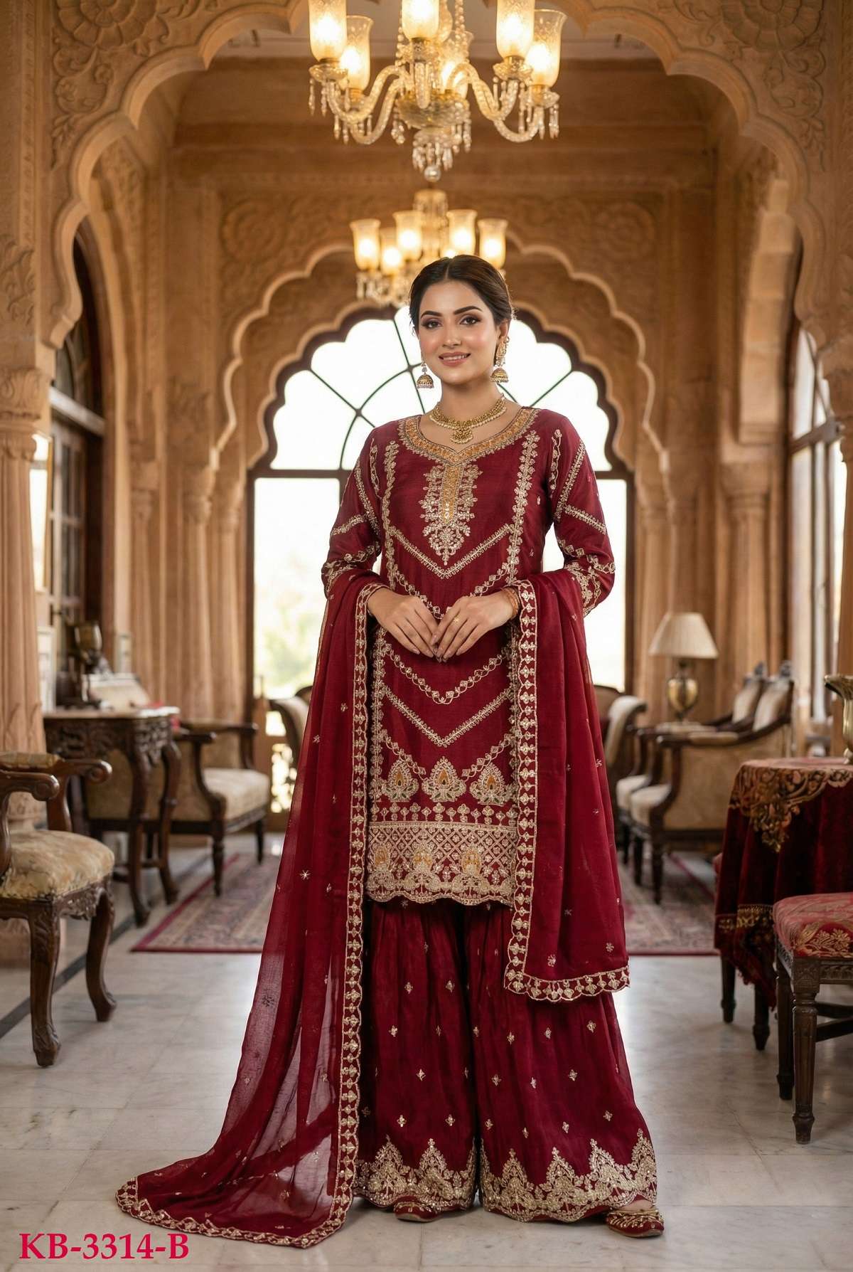 DESIGNER FANCY PARTY WEAR PREMIUM CHINON SILK READYMADE RED SHARARA SALWAR SUIT PALAZZO KB SERIES 3314 B
