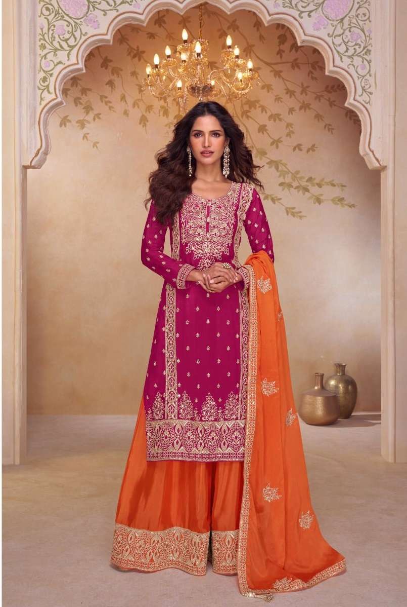 DESIGNER FANCY PARTY WEAR PREMIUM CHINON SILK READYMADE RANI ORANGE SHARARA SALWAR SUIT PALAZZO GL SHAGUN 7633 A