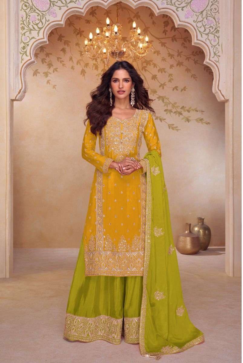 DESIGNER FANCY PARTY WEAR PREMIUM CHINON SILK READYMADE YELLOW GREEN SHARARA SALWAR SUIT PALAZZO GL SHAGUN 7633 B