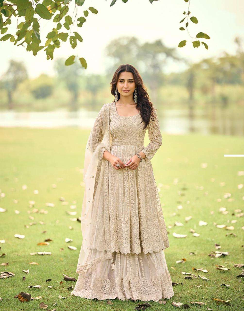 DESIGNER FANCY PARTY WEAR PREMIUM NET READYMADE BEIGE SHARARA SALWAR SUIT PALAZZO SY SABNAM 10264