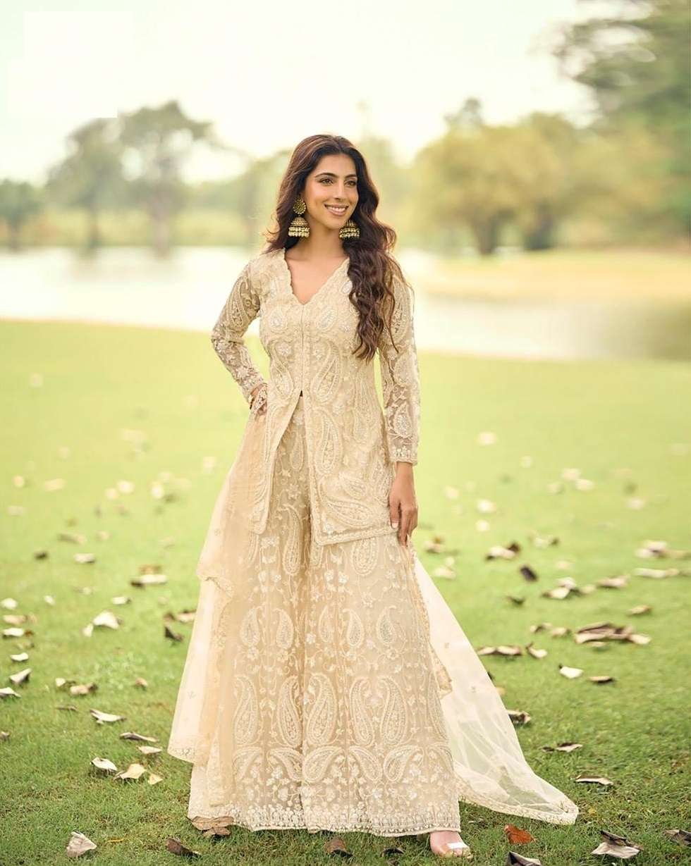 DESIGNER FANCY PARTY WEAR PREMIUM NET READYMADE BEIGE SHARARA SALWAR SUIT PALAZZO SY SABNAM 10265